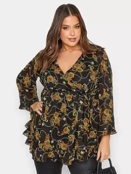 Yours Chain Floral Ruffle Wrap Top - Black, Size 16, Women