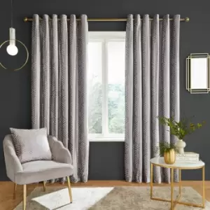 Catherinelansfield - Catherine Lansfield Geo Cut Velvet Deco Lined Eyelet Curtains, Silver, 66 x 72 Inch