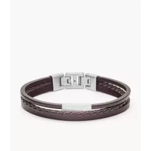 Fossil Mens Multi-Strand Silver-Tone Steel And Brown Leather Bracelet - Brown