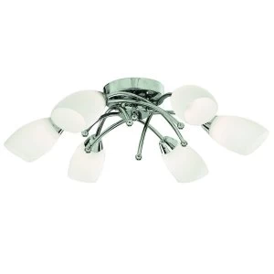 6 Light Flush Multi Arm Ceiling Light Chrome and Opal Glass, G9