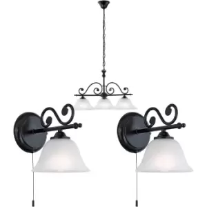 Ceiling Pendant & 2x Matching Wall Lights Black & Alabaster Glass Multi Lamp