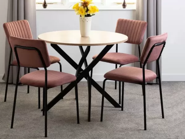 Seconique Sheldon Sonoma Oak Dining Table and 4 Pink Velvet Chairs