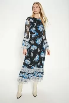 Dobby Chiffon Blue Floral Midi Dress