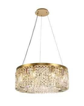 Cylindrical 60cm Ceiling Pendant Chandelier, 8 Light E14, Gold, Crystal