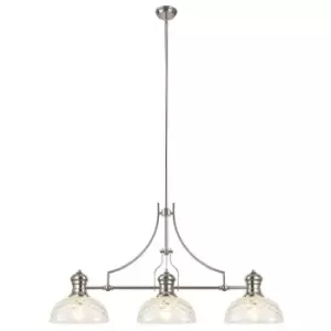 Linear Ceiling Pendant With 30cm Flat Round Patterned Shade, 3 x E27, Polished Nickel, Clear Glass - Luminosa Lighting