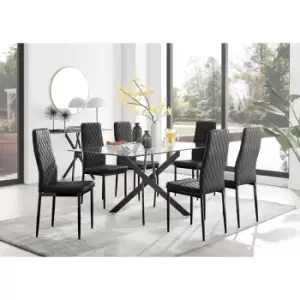 Furniturebox UK - Furniturebox Leonardo 6 Black Leg Glass Dining Table and 6 Black Milan Velvet Dining Chairs With Black Legs Diamond Stitch Modern