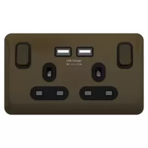 Schneider Electric Lisse Screwless Deco - Switched Double Power Socket, Single Pole with USB Charging Ports, 13A, GGBL30202USBABMBS, Mocha Bronze with