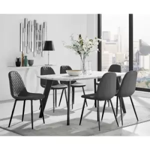 Furniturebox Andria Black Leg Marble Effect Dining Table and 6 Black Corona Faux Leather Dining Chairs With Black Legs