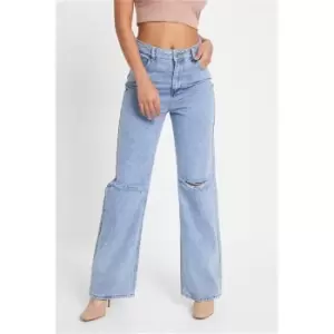 I Saw It First Light Wash Ripped Knee Wide Leg Jeans - Blue