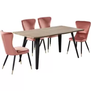 Life Interiors - 5 Pieces New York Rocco Dining Set - a Walnut Rectangular Dining Table and Set of 4 Pink Dining Chairs - Pink