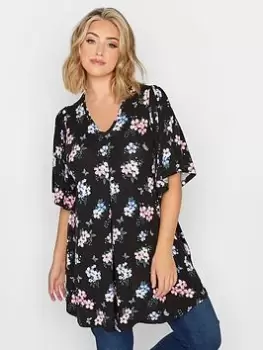 Yours Floral Pleat Angel Sleeve Swing T-Shirt, Black, Size 18, Women