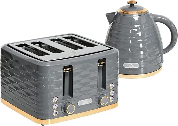 HOMCOM Homcom - 1.7L Kettle and Toaster Set with Defrost Reheat and Crumb Tray Beige 5056725575854