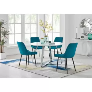 Furniture Box Santorini White Round Dining Table and 4 Blue Pesaro Black Leg Chairs