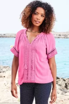 Boho Short Sleeve Crochet Trim Top