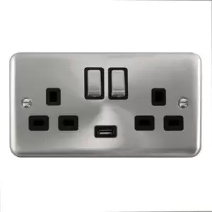 Click Scolmore Deco Plus Satin Chrome 2 Gang USB Outlet Switch 13A With Black Ingot - DPSC570BK