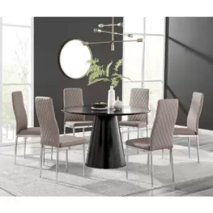 Furniturebox Palma Black Semi Gloss 120cm Round Minimalist Dining Table & 6 Cappuccino Milan Chrome Leg Chairs