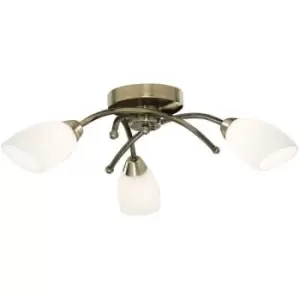 Searchlight Opera - 3 Light Flush Multi Arm Ceiling Light Antique Brass and Opal Glass, G9