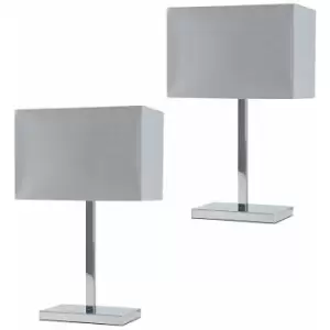 Minisun - Pair Chrome Tube Stem Table Lamp Grey Fabric Rectangle Shade - No Bulb