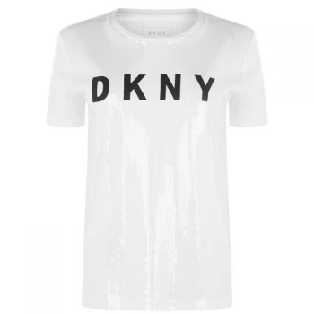 DKNY Logo Sequin T Shirt - WHITE/BLACK