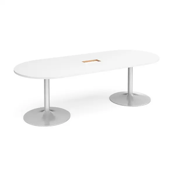 Trumpet Base Radial Boardroom Table with Silver Base 2400mm - Central Cut Out - White