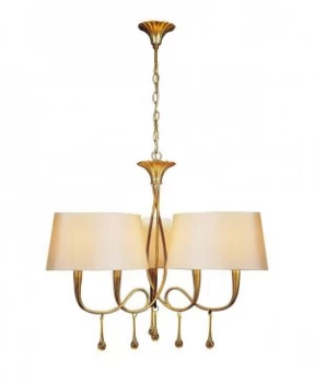 Ceiling Pendant 3 Arm 6 Light E14, Gold Painted with Cream Shades & Amber Glass Droplets