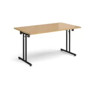 Rectangular folding leg table with Black legs and straight foot rails 1400mm x 800mm - oak