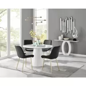 Furniturebox Palma White High Gloss 4 Seat Minimalist Post Modern Round Dining Table & 4 Black Pesaro Gold Leg Velvet Chairs