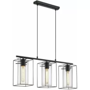 Hanging Ceiling Pendant Light Black Frame & Smoked Glass 3 Bulb Kitchen Lamp