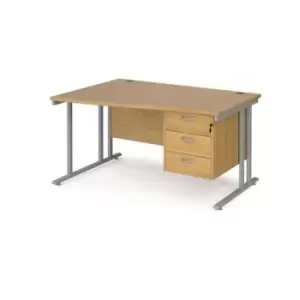 Office Desk Left Hand Wave Desk 1400mm With Pedestal Oak Top With Silver Frame Maestro 25 MC14WLP3SO