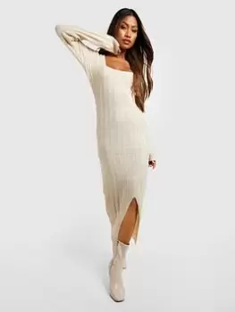 Boohoo Square Neck Rib Knit Midaxi Dress - Ecru, Cream, Size L, Women