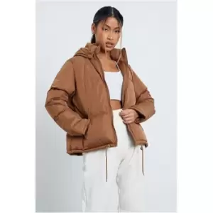 I Saw It First Brown Puffer With Drawcord And Short Hood - Brown