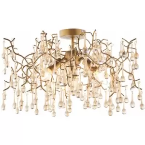 Loops - Aged Gold Semi Flush Ceiling Light with Glass Droplets 3 Bulb Low Hanging Light