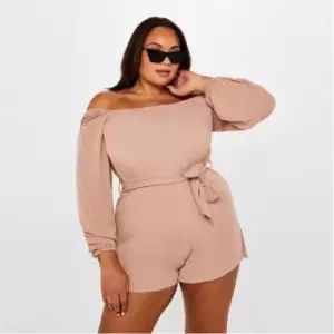 Missguided Bardot Belted Waist Playsuit - Beige