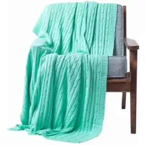 Cotton Cable Knit Pastel Green Throw, 130 x 170cm - Green - Homescapes