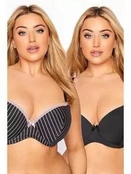 Yours 2 Pack Pinstripe T-Shirt Bra - Black, Size 40D, Women