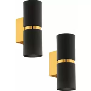 2 pack Wall Light 2x Black Shades Gold Banding & Back Plate GU10 3.3W Included