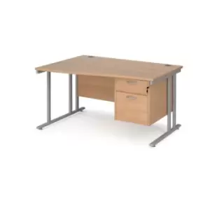 Office Desk Left Hand Wave Desk 1400mm With Pedestal Beech Top With Silver Frame Maestro 25 MC14WLP2SB