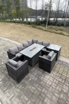 Fimous 8 Seater Outdoor Dark Grey Rattan Lounge Complete Sofa Set with Gas Fire Pit Dining Table, Heater, and Side Table