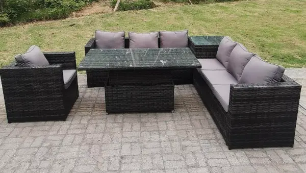 Fimous 7 Seater Outdoor Dark Grey Rattan Lounge Complete Sofa Set with Adjustable Rising Lifting Dining Table and Arm Chair