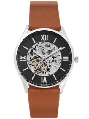 Skagen Mens Holst Automatic Black Skeleton Dial Brown Leather...