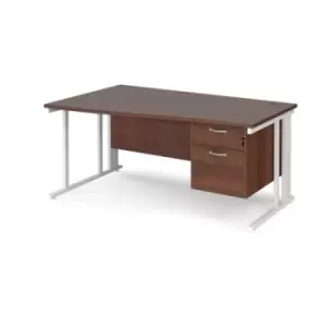 Office Desk Left Hand Wave Desk 1600mm With Pedestal Walnut Top With White Frame Maestro 25 MCM16WLP2WHW