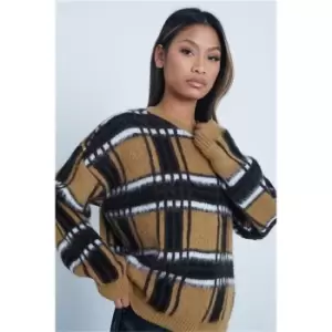 I Saw It First Camel Premium Brushed Check Knitted Oversized Jumper - Brown