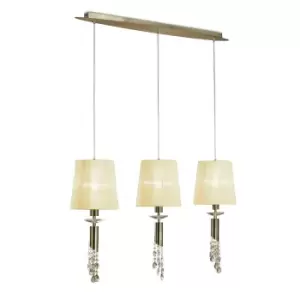 Tiffany Linear Pendant 3+3 Light E27+G9 Line, Antique Brass With Cream Shades & Clear Crystal