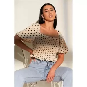 I Saw It First Cream Polka Dot Square Neck Puff Sleeve Frill Hem Shirred Crop Top - White