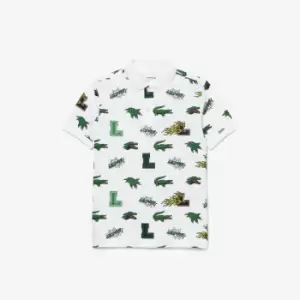 Kids' Lacoste Holiday Comic Effect Crocodile Print Polo Shirt Size 14 yrs White