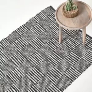 Black & White Real Leather Handwoven Striped Block Check Rug, 120 x 180cm - Black - Homescapes