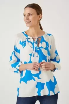 Blue Stencil Floral Tie Detail Blouse