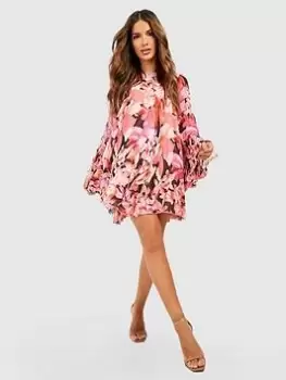 Boohoo Floral Printed Flared Sleeve Smock Dress - Pink, Size 16, Women