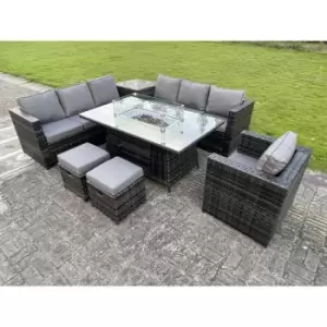 Fimous 7 Seater Outdoor Dark Grey Rattan Lounge Complete Sofa Set with Gas Fire Pit Table, Gas Heater and 2 Footstools