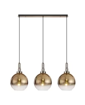 Linear 3 Light Pendant E27 With 30cm Globe Glass, Brass Gold, Clear Brass Gold, Matt Black